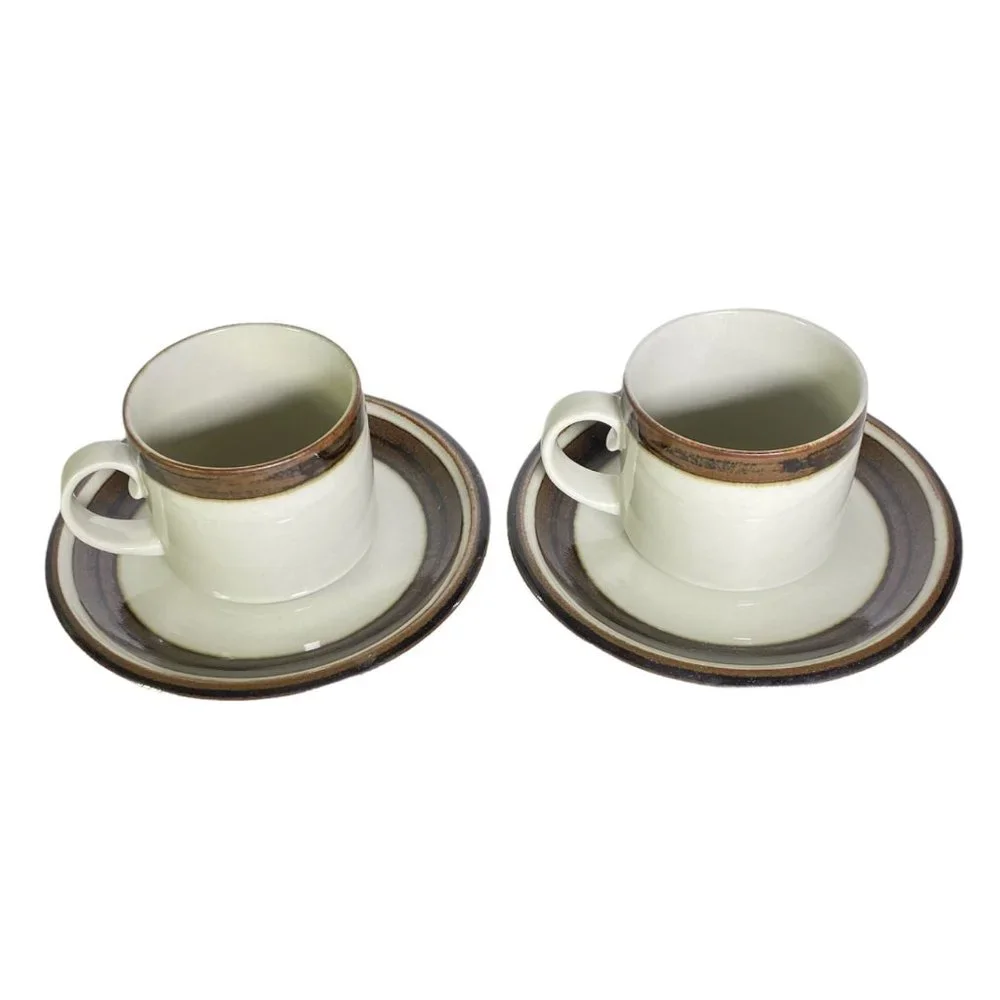 ARABIA Finland Vintage Karelia Stoneware Ceramic Flat Cup & Saucer‎ Set Of 2